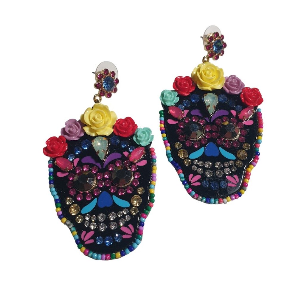 Colorful Sugar Skull Dangle Earring Beaded Rhinestone Accents Floral Design Gift